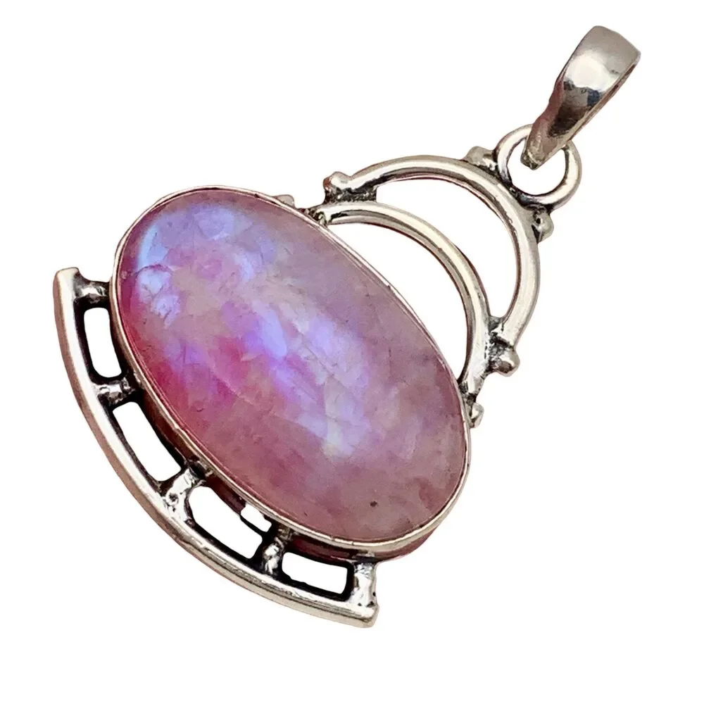 Pink Rainbow Moonstone Solid 925 Sterling Silver Pendant - Picture 5 of 5